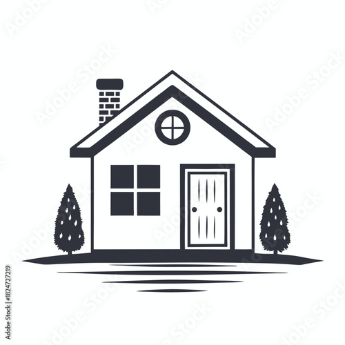 Dark silhouette shows a house with trees under a white background