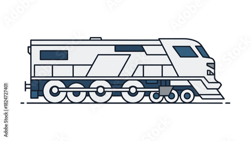 A stylized illustration of a modern, sleek, white and blue diesel locomotive with six wheels.
