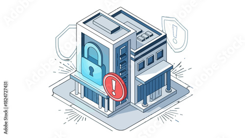 Isometric illustration depicting a building with a lock, shield, and exclamation mark, symbolizing security concerns.