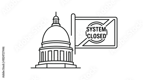 Illustration of a government building with a flag that says 'System Closed'.