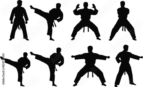 Set of Black Silhouettes of Martial Arts Fighters in Various Karate and Taekwondo Poses, Including Kicks and Stances, Representing Combat Sport.