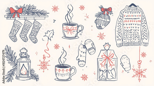 Cozy winter holiday elements vector illustration with fireplace stockings warm drinks christmas