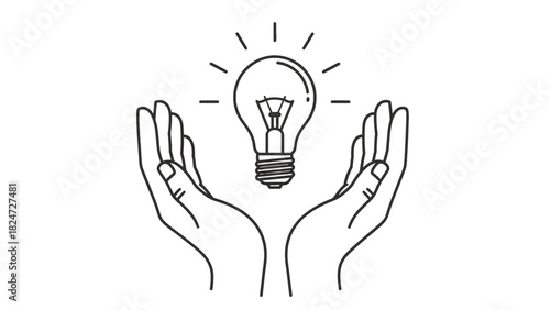 A minimalist line drawing of two hands carefully holding a bright, shining light bulb, symbolizing an idea or innovation.