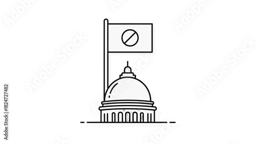 A minimalist line drawing of a government building with a flag displaying a prohibition symbol.