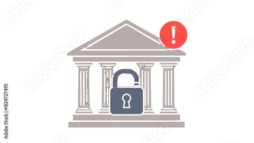 Bank building with an open padlock and an exclamation point, indicating a security breach or vulnerability.