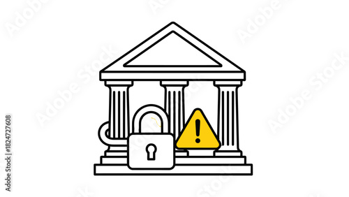 Illustration of a bank building with a padlock and a warning sign, symbolizing financial security concerns or risks.