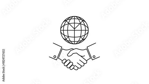 An illustration of two hands shaking in front of a globe, symbolizing international business or cooperation.