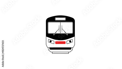 Front view of a modern electric train illustration with black and white colors and a red accent.
