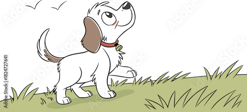 Adorable cartoon puppy walking happily on green grass under a bright sky. Cute playful dog illustration perfect for kids and pet themes. Whimsical animal artwork with joyful expression.