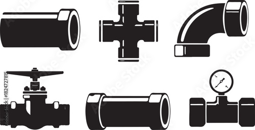 Plumbing Fixtures and Components: A Collection of Silhouetted Pipe Fittings