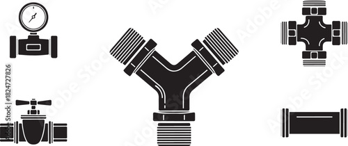 Plumbing Fixtures: Valves, Gauges, and Connectors Icon Set