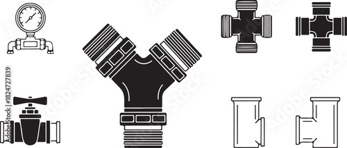 Plumbing Fixtures and Fittings Icons: Valves, Gauges, and Connectors