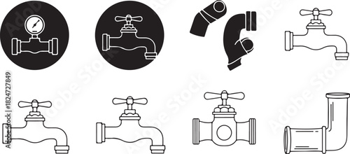 Plumbing Icons: Faucets, Valves, and Pipe Fittings Collection