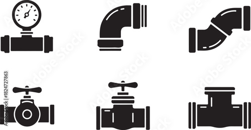 Plumbing Icons: Pressure Gauge, Elbows, Valves, and Tees