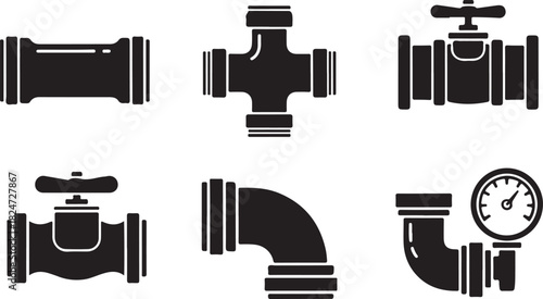 Plumbing Icons: Valves, Elbows, Tees, Couplings, and Pressure Gauge