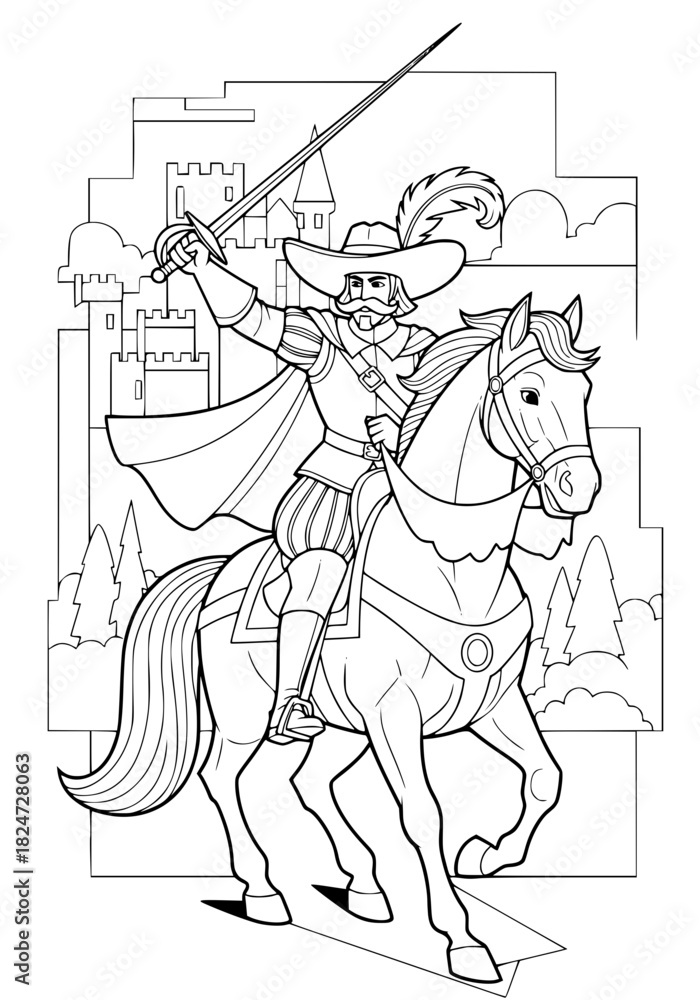Fototapeta premium The Musketeer on horseback. coloring book