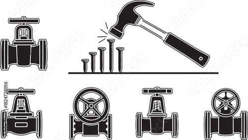 Industrial Valves and Hammer with Nails Icon Set
