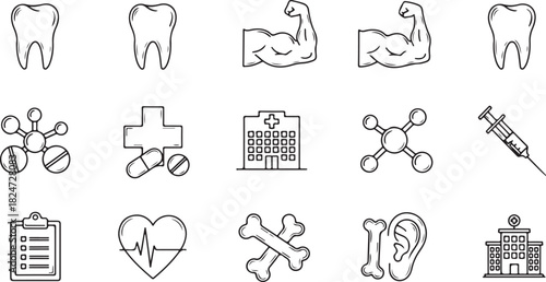 Medical and Health Icons: Teeth, Muscles, Hospitals, Syringes, and More