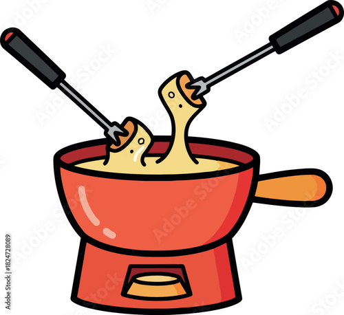 A vibrant cartoon illustration of a cheese fondue pot.