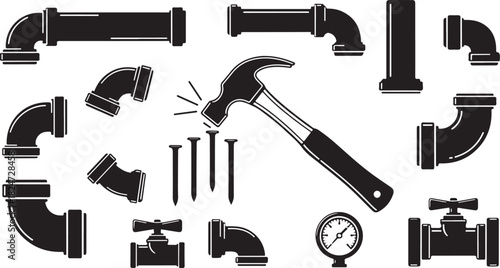 Plumbing and Construction Tools: Pipes, Hammer, Nails, Valves, Gauge