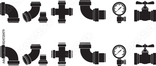 Plumbing and Industrial Equipment Icons: Pipes, Gauges, and Valves