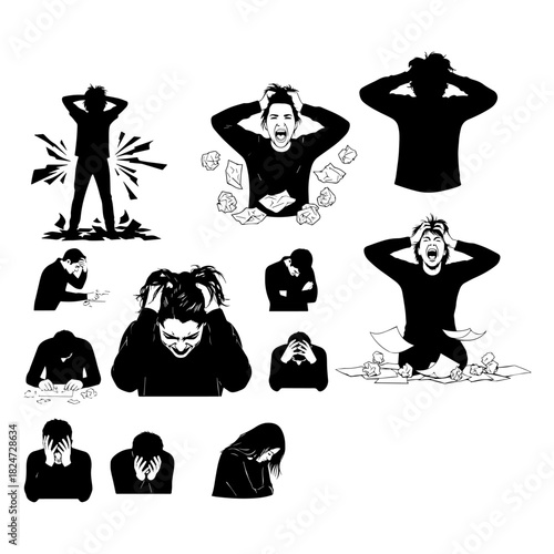 Frustrated silhouette of a person pulling at their hair or tearing at papers, conveying stress or desperation