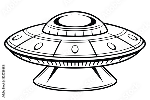 A black and white line drawing illustrates a classic, cartoonish UFO spacecraft design