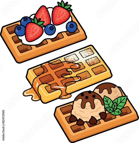 Set of three delicious cartoon waffles with different toppings.