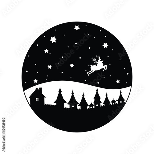 A Christmas silhouette featuring a reindeer flying over a village with stars and a crescent moon, evoking a festive winter night scene