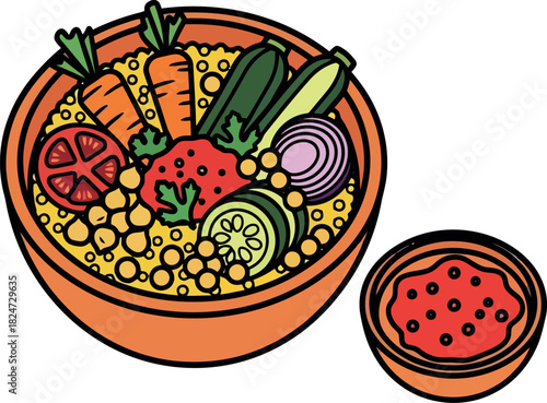 Vibrant Couscous Bowl with Fresh Vegetables and Side Sauce.