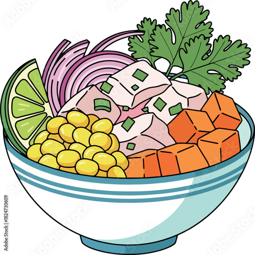 Fresh and colorful ceviche bowl with fish corn sweet potato and lime.