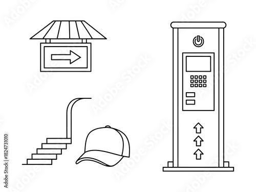 A collection of simple line drawings including a sign, stairs, a cap, and a ticket machine.