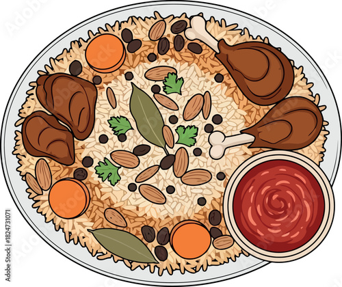 Top view vector illustration of a traditional chicken and rice dish.