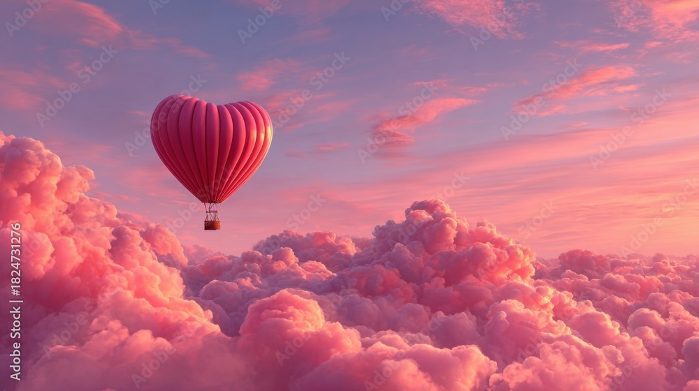 Fototapeta premium A vibrant pink hot air balloon in the shape of a heart floats gracefully among soft, fluffy clouds at sunset, creating a romantic and tranquil atmosphere in the sky.