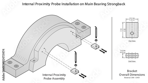 Line drawing showing internal proximity probes (X probe and Y probe) mounted to the bearing strongback with the bracket overall dimensions