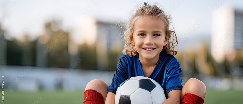 Fototapeta premium Happy child enjoying soccer on a sunny day while watching a game with parents in school field stadium