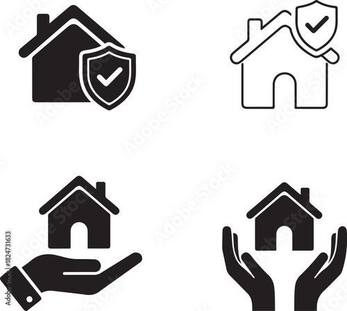 House insurance icons outline and filled versions on white home real estate