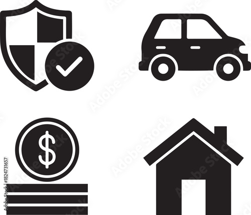 Icons of a shield, car, dollar coin, and house vector illustration