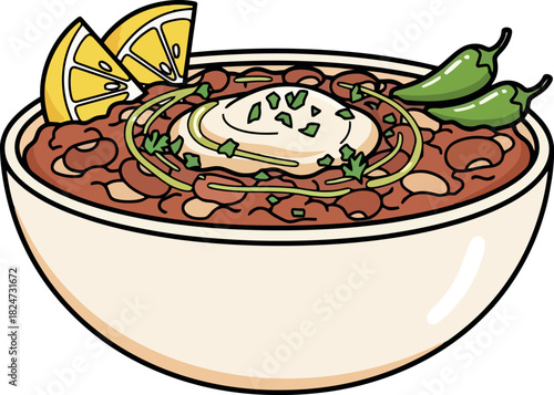 Bowl of Chili with Lemon Wedges and Peppers.