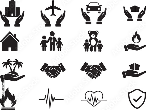 Insurance and Protection Icons Featuring Hands, Buildings, and Vehicles safety security