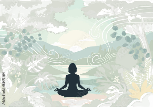 Mindful meditation in serene nature landscape at dawn or dusk