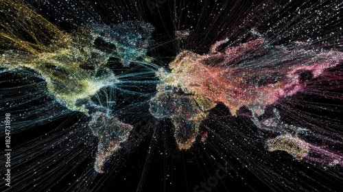 This artwork illustrates the flow of data connections around the world, featuring dynamic light trails that represent network interactions among continents and regions.