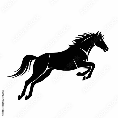Majestic black horse in mid-air jump, powerful and graceful silhouette.