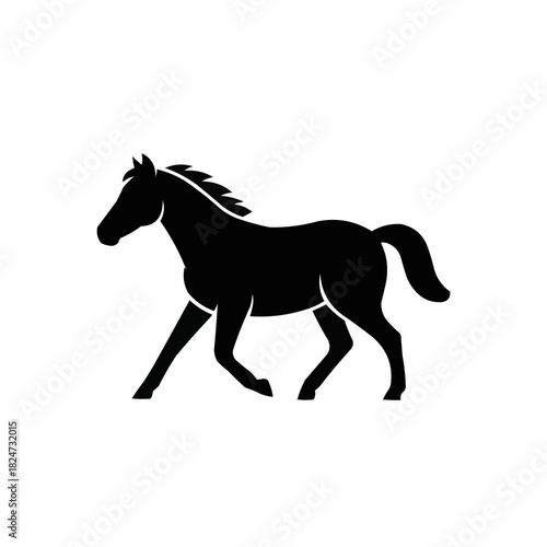 Black horse silhouette trotting gracefully on a white background.