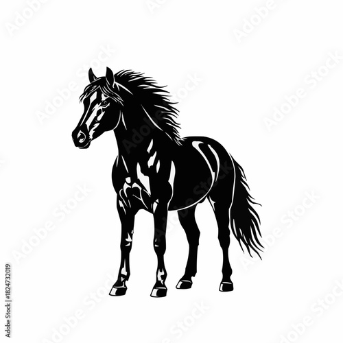 Elegant black horse standing proudly in a striking pose, full body view.