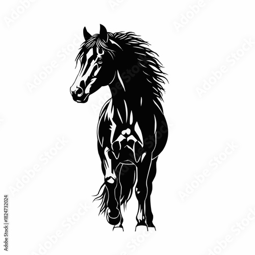 Majestic black horse standing with flowing mane and tail illustration.