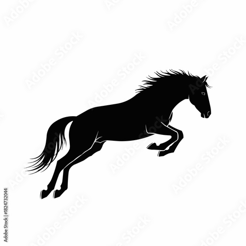 Majestic black horse leaping gracefully across the open field a symbol of freedom.