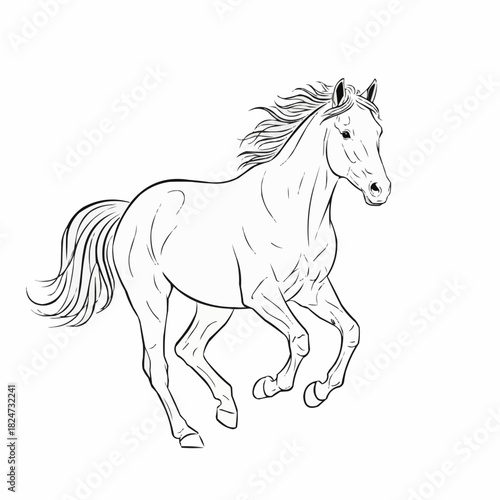 Elegant running horse line art sketch illustration for coloring.