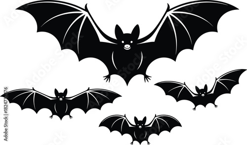 Black silhouette bats flying isolated on white background, Halloween bat illustration, spooky night creatures design,