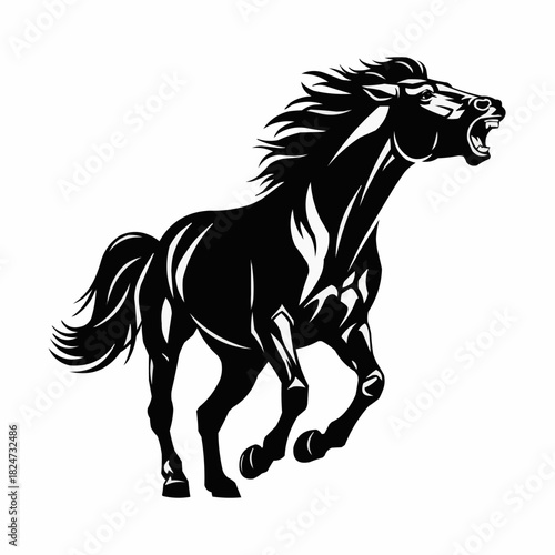 Powerful Black Stallion Galloping with Open Mouth in Silhouette.